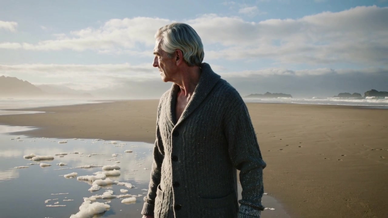 Anziano uomo in piedi in spiaggia, che gira la testa, con il vento che spinge il suo sguardo verso la schiuma, la sabbia bagnata e il suo cardigan di maglia.