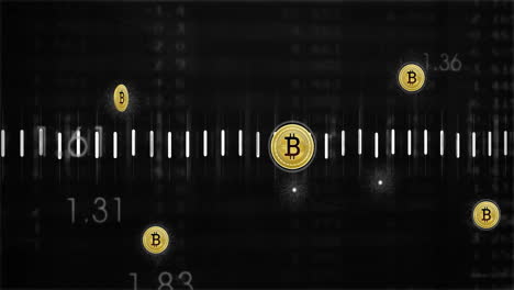 animación de los iconos de la moneda bitcoin procesamiento de datos financieros a través de codificación binaria