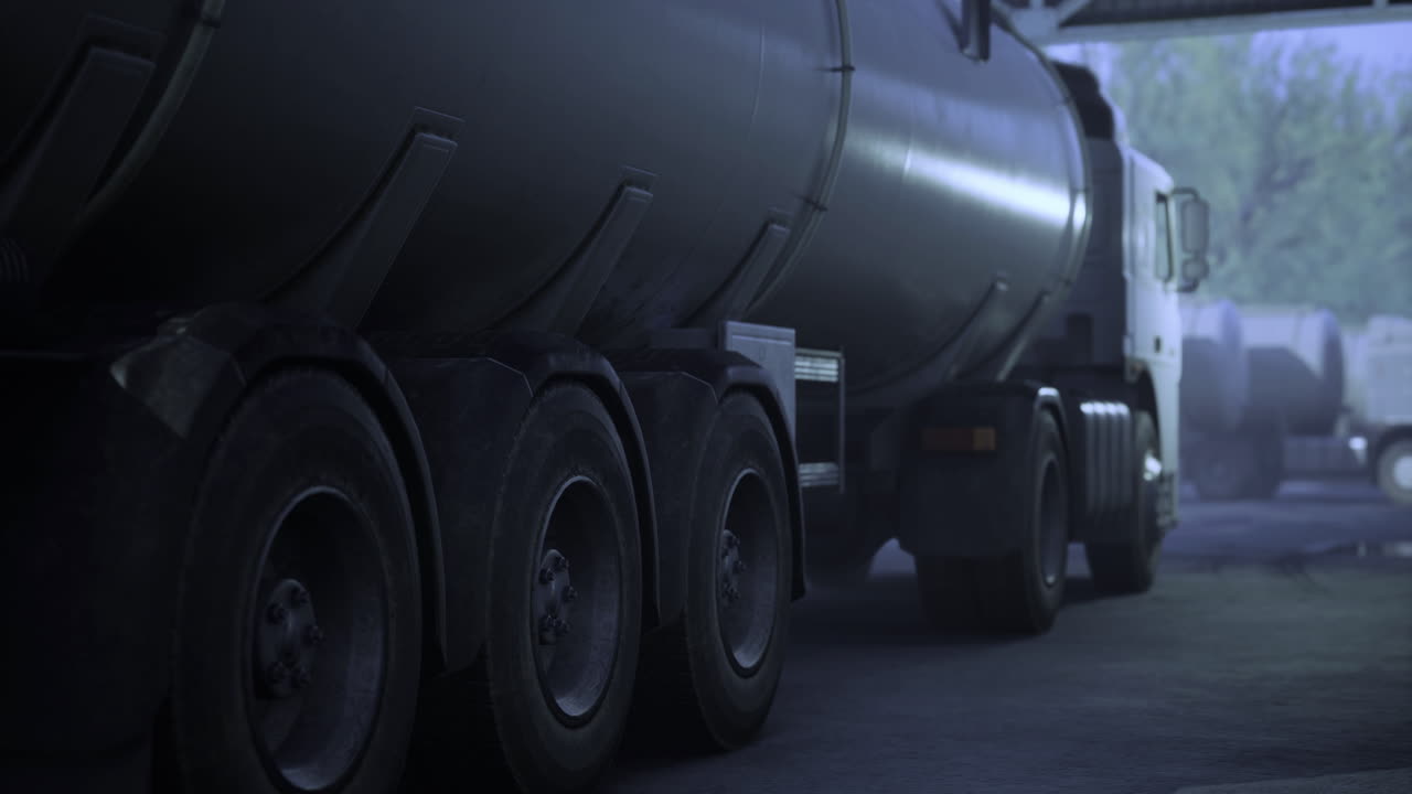 Truck transporting liquid cargo in a warehouse during evening hours
