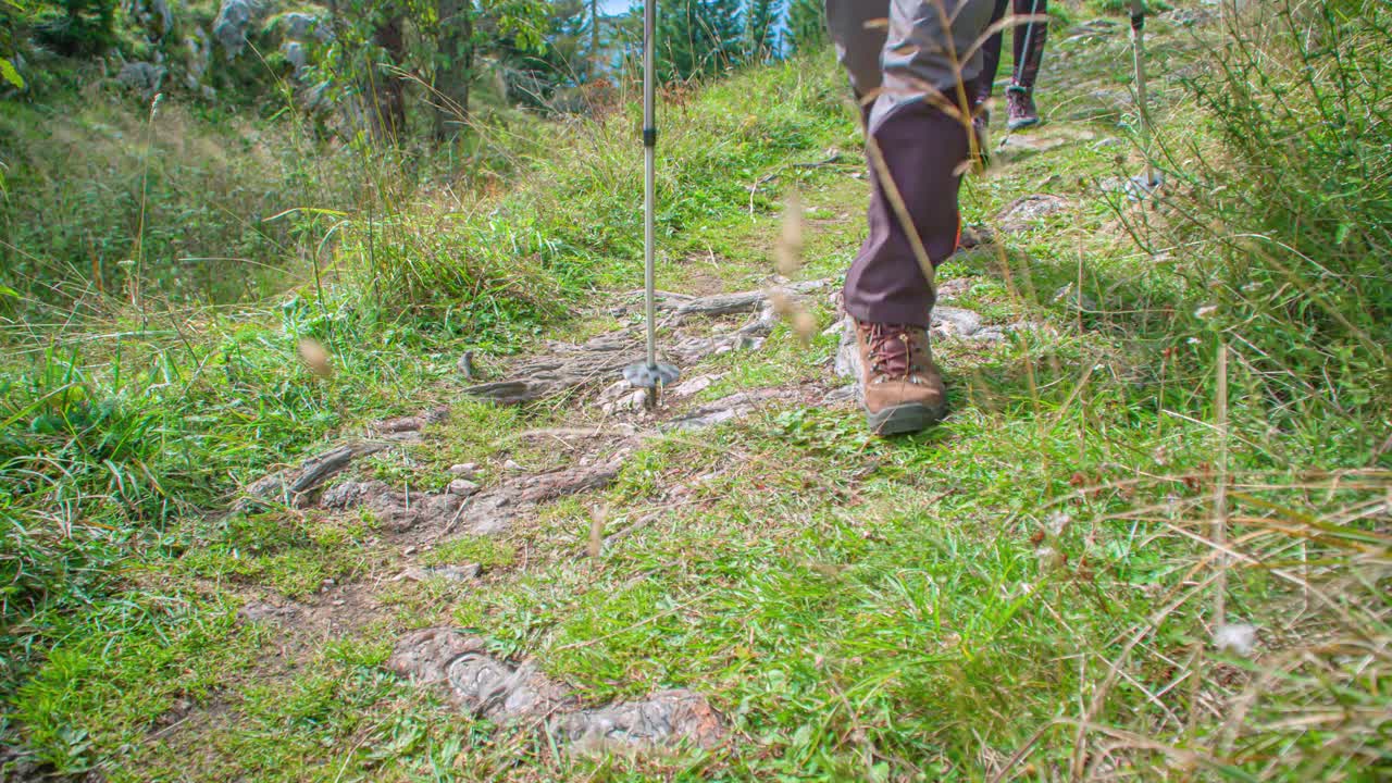 Trekking poles on expedition at Mount St. Ursula in slow motion