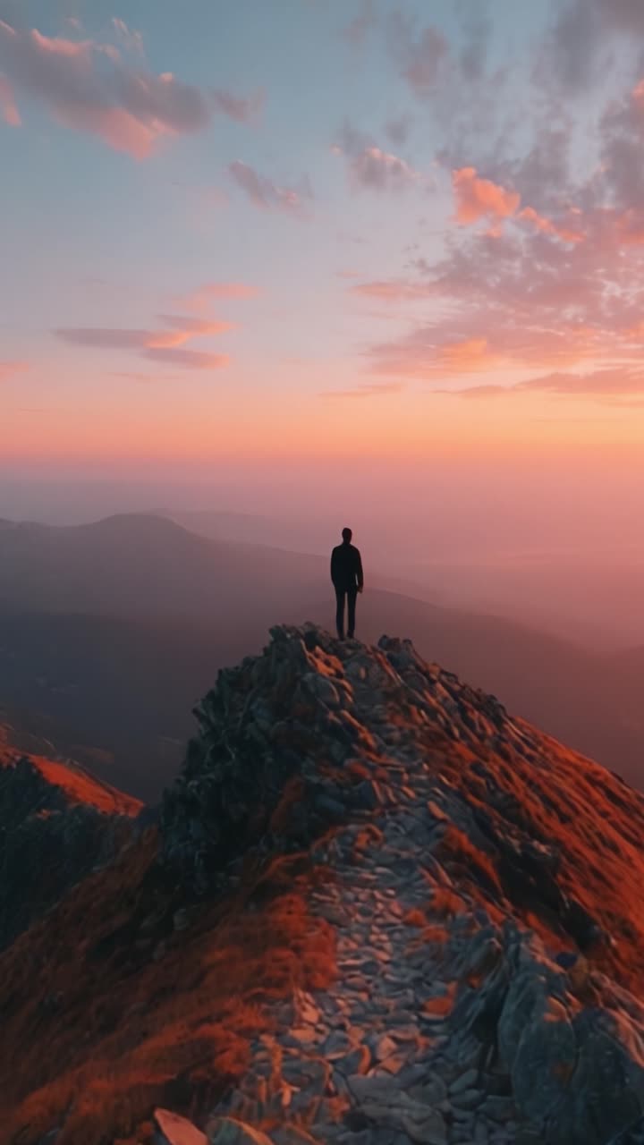 Una figura solitaria in piedi su una vetta di montagna, che cattura il tramonto mozzafiato all'orizzonte, circondata da montagne maestose e colori vivaci del cielo.