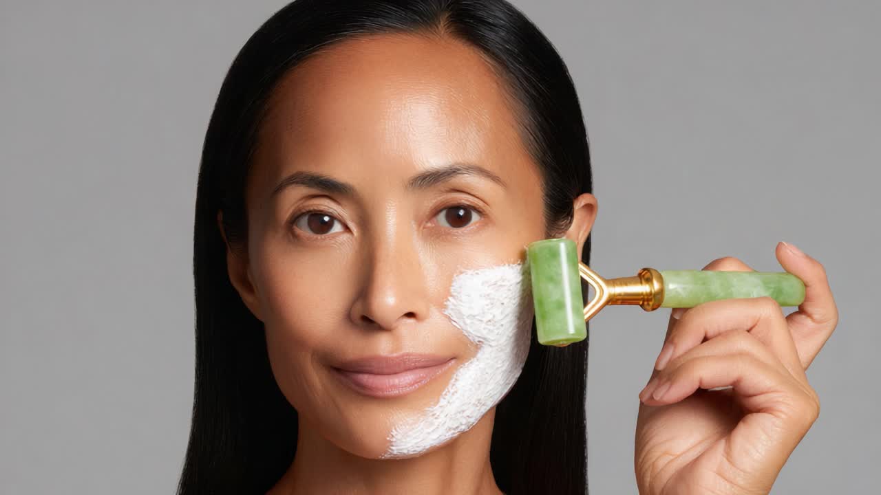 A woman applies a facial mask while using a jade roller, showcasing a skincare routine that enhances beauty and relaxation through natural methods and self-care practices