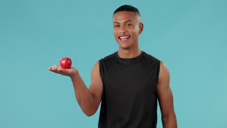 apple, health and smile with face of man in studio