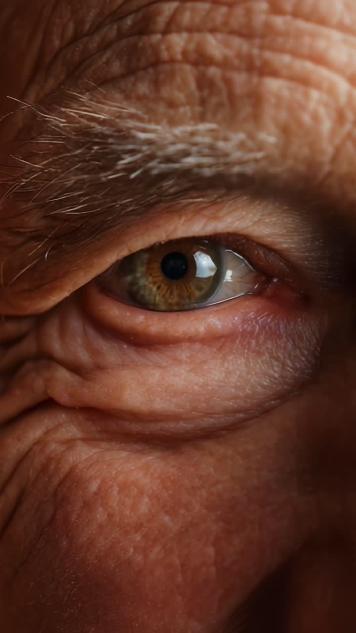 Uno sguardo ravvicinato alla saggezza e alla profondità racchiuse negli occhi di una persona anziana, che rivela i dettagli della vita, l'esperienza e le emozioni attraverso sottili espressioni facciali