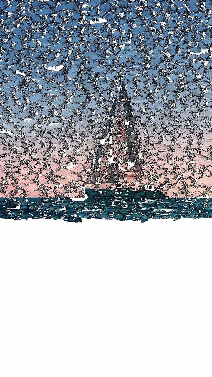 Vertical format animation with artistic cracked mosaic effect revealing sailboat on sea, creative transition for social media