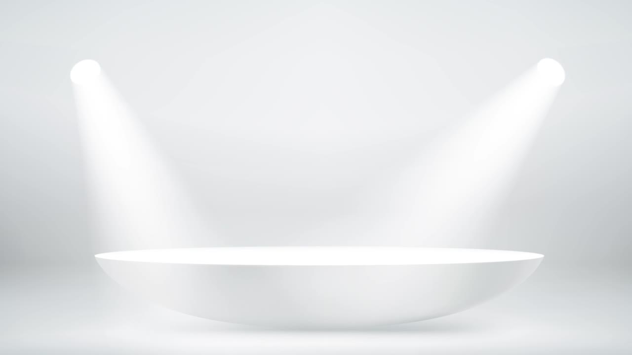 Interno bianco con proiettori luminosi in movimento. Filmato video 3D.