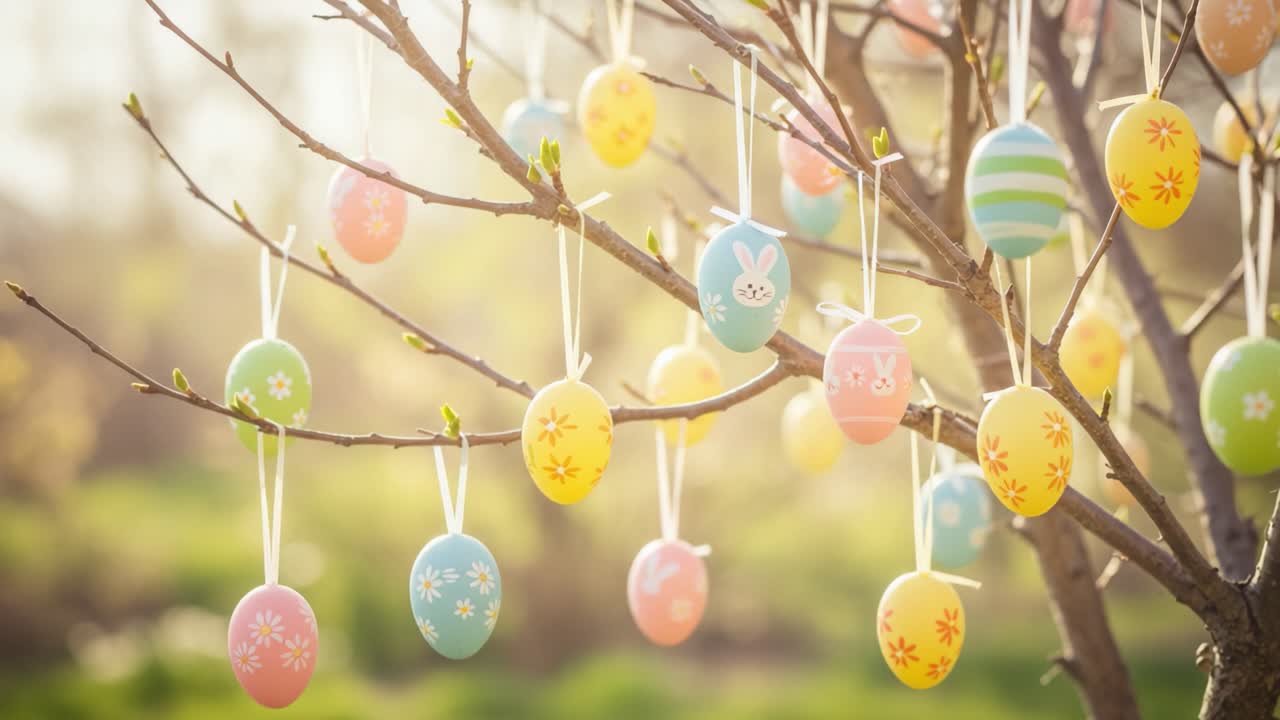A Vibrant Display of Springtime Easter Eggs Hanging on a Tree, Capturing the Joy and Festivity of the Holiday Season in a Serene Natural Setting