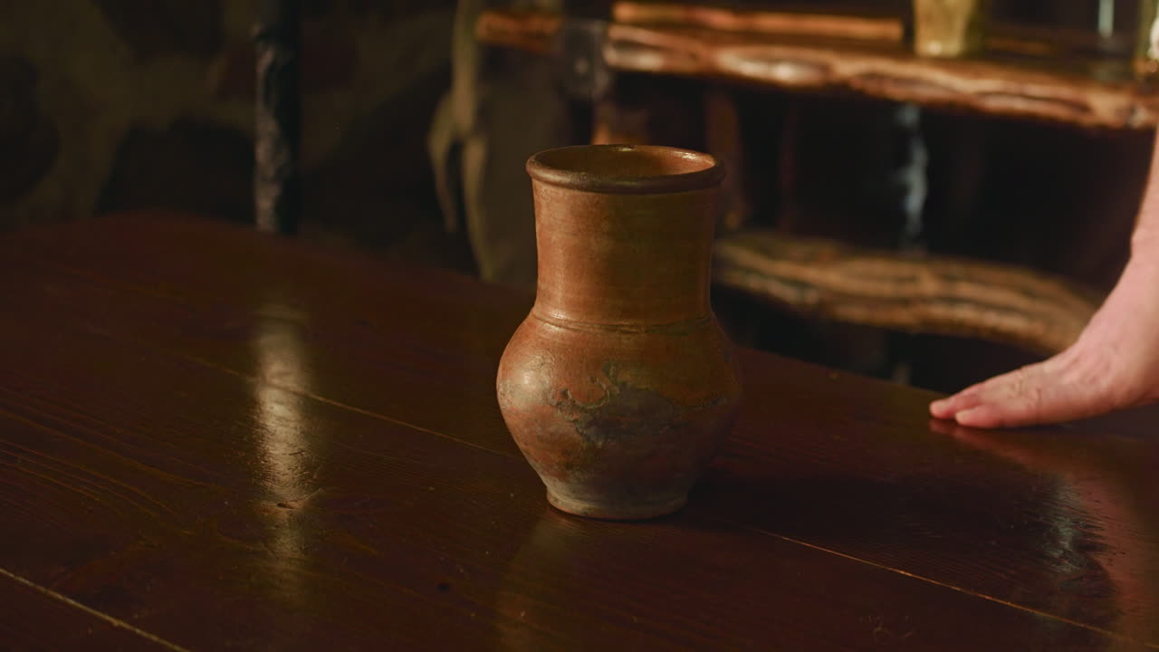 un caballero pone un saco en el mostrador de una taberna en la carretera. un valiente viajero con una armadura de metal da una bolsa de artefactos al dueño de la tienda en un escritorio de madera. estrategia medieval