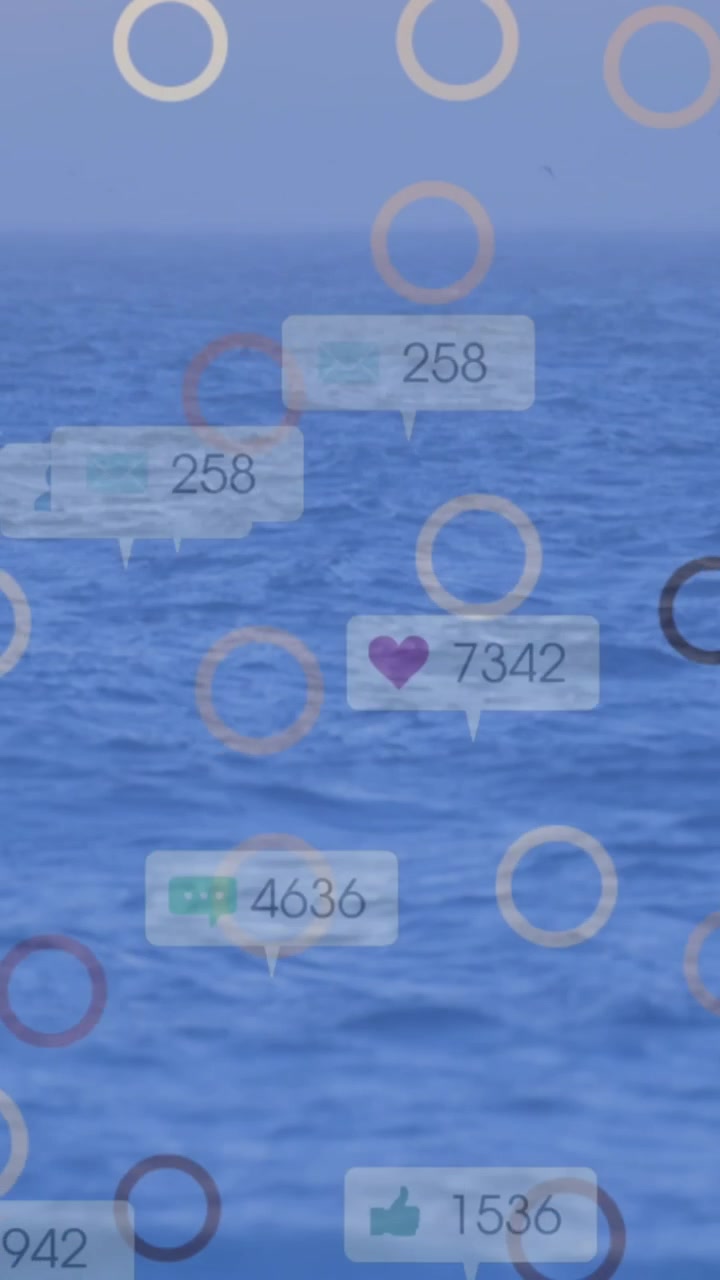 Animation of media icons and circles over sea