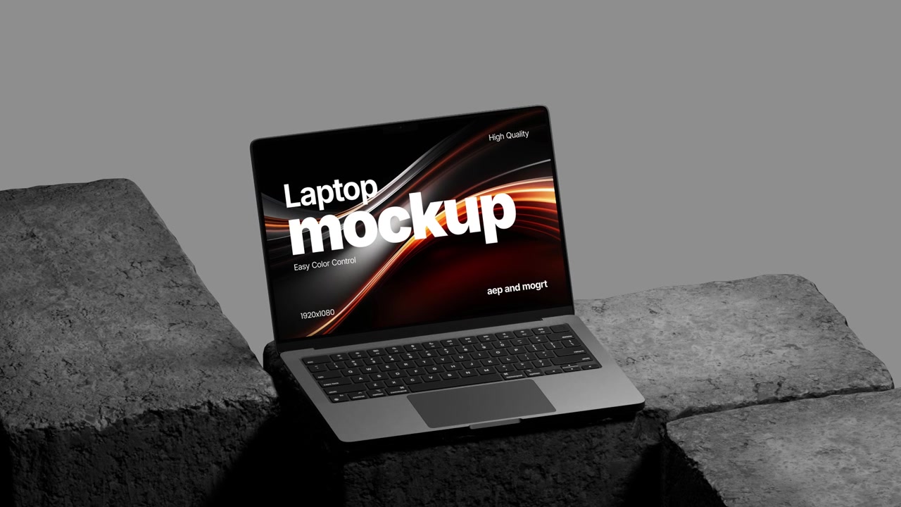 Mockup di laptop moderno visualizzato su blocchi di pietra.