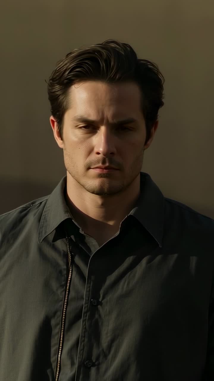Shifting man lifting gaze and tensing jaw in studio, with dark buttonup shirt, zipper seam, tee