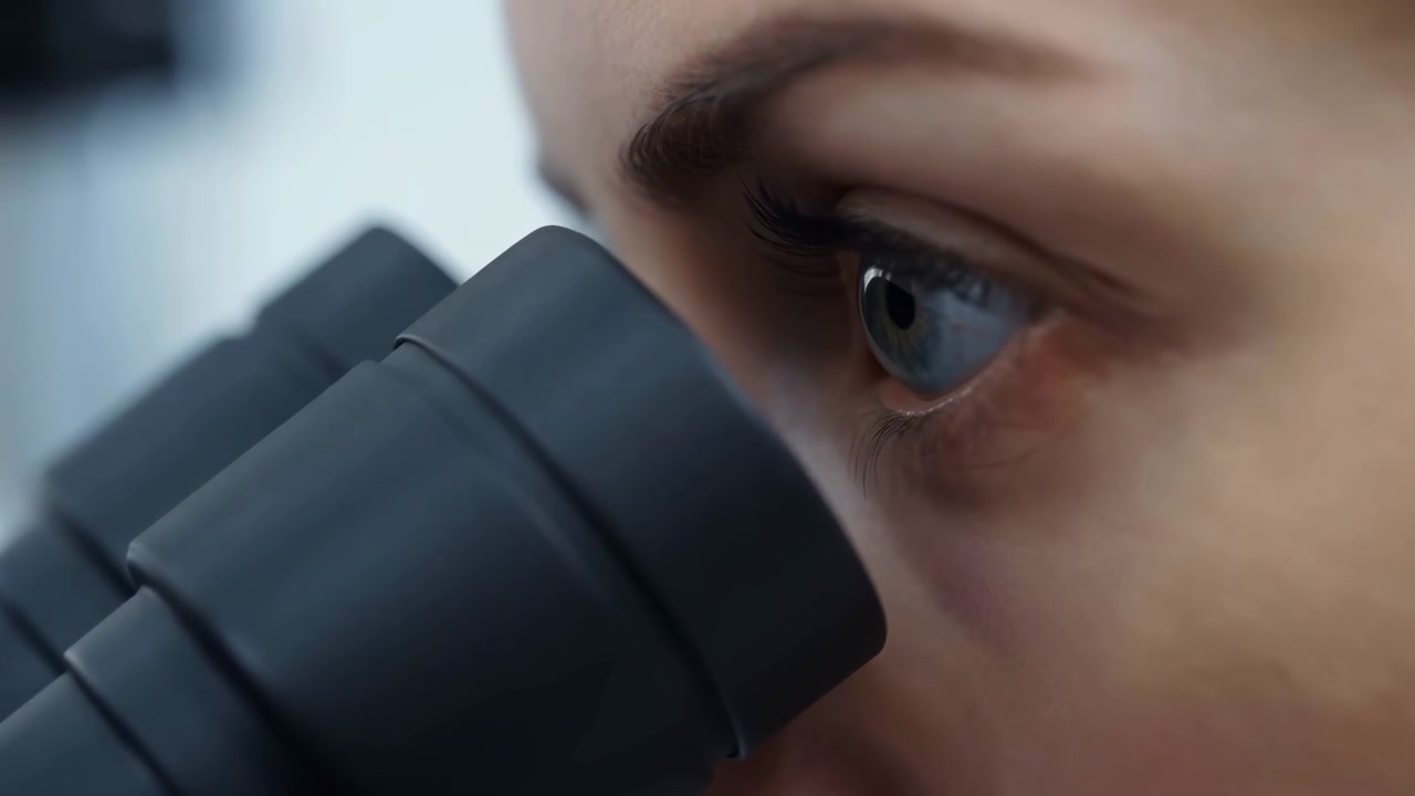 Extreme close-up follows one eye at microscope as eyelid closes and opens between frames, with matte black eyepieces filling foreground and softly blurred pale room behind.
