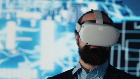 it engineer works with vr headset and artificial intelligence brain