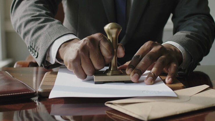 Aligning paper, suited man pressing brass embosser onto sheet at wooden desk, sealing document