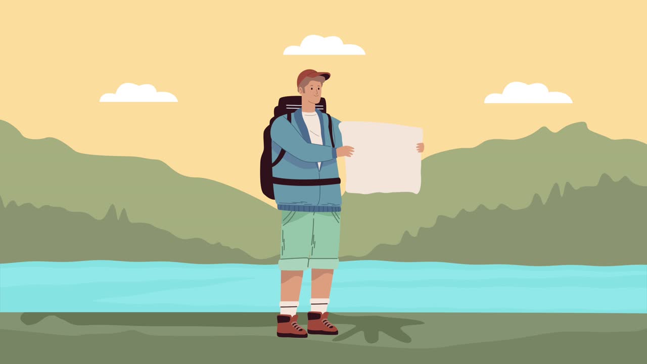 male camper with map in the lake animation