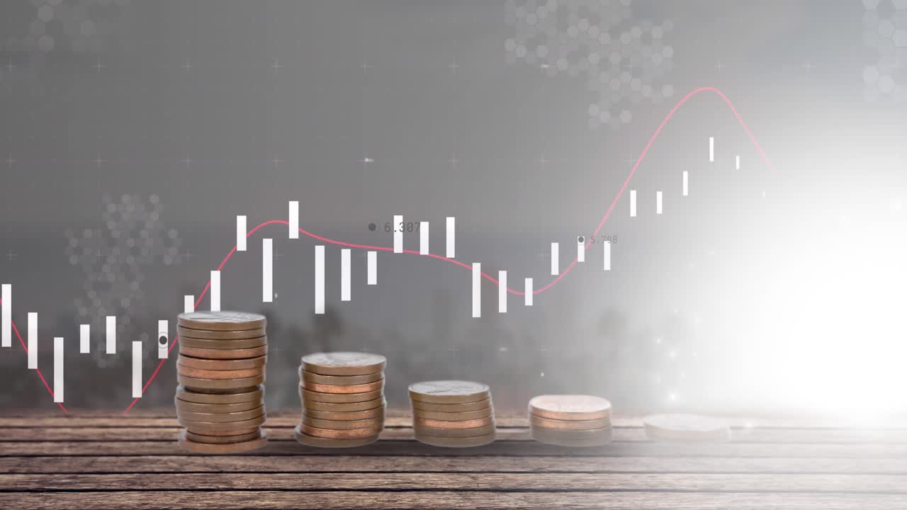 animación del procesamiento de datos financieros sobre pilas de monedas