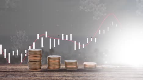 animation of financial data processing over stacks of coins