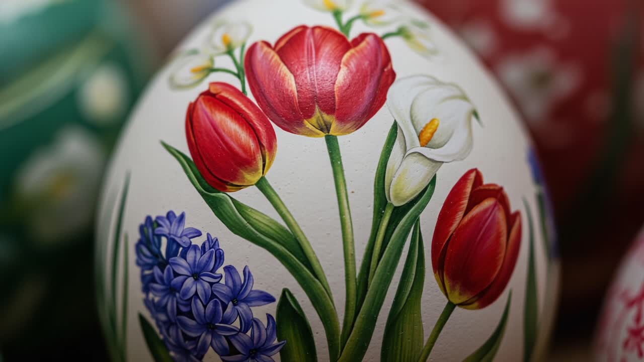 A Beautifully Crafted Decorative Egg Featuring Vibrant Flowers like Tulips and Lilies, Showcasing the Artistry and Detail of Traditional Egg Painting Techniques