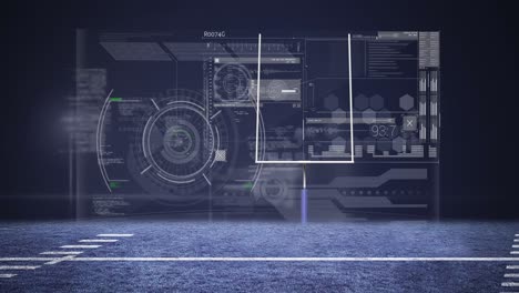 animación del procesamiento de datos digitales en pantalla sobre la pista de carreras