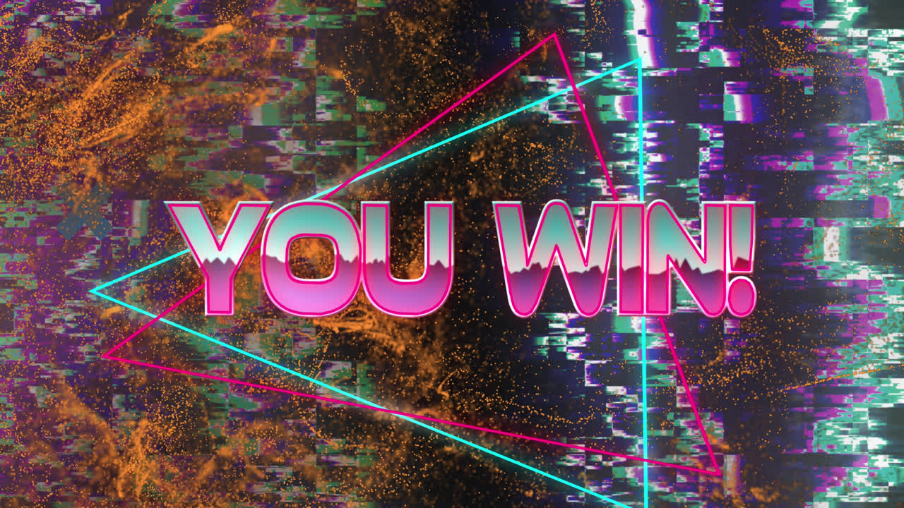 animación de usted ganar texto sobre la onda en movimiento brillante y formas coloridas