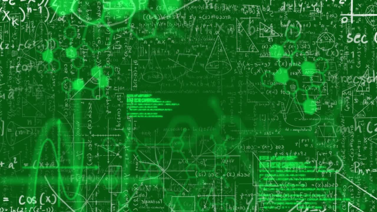 Animation of scientific data processing over mathematical equations on green background