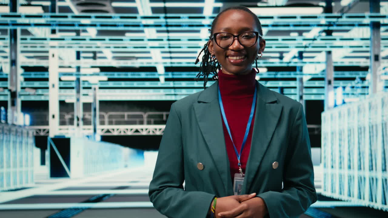 Confident African American Woman Smiling in Data Center