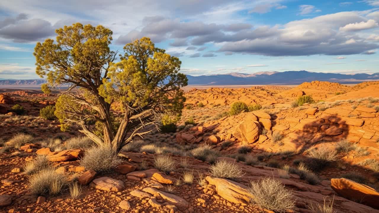 Paesaggio desertico affascinante con ginepro unico tra terreno roccioso e montagne panoramiche sotto cieli nuvolosi suggestivi all'ora d'oro