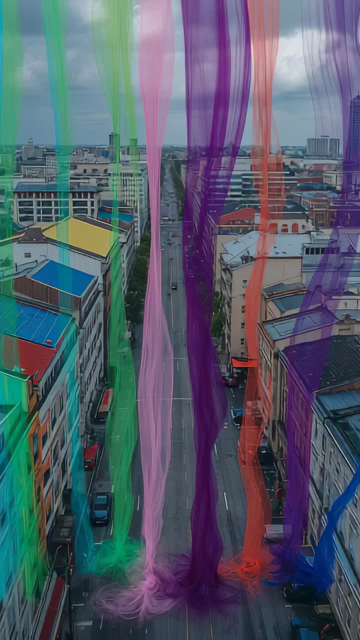 Vídeo vertical: fios brilhantes caindo sobre a rua urbana, formando espirais perto dos telhados, com aparência superior