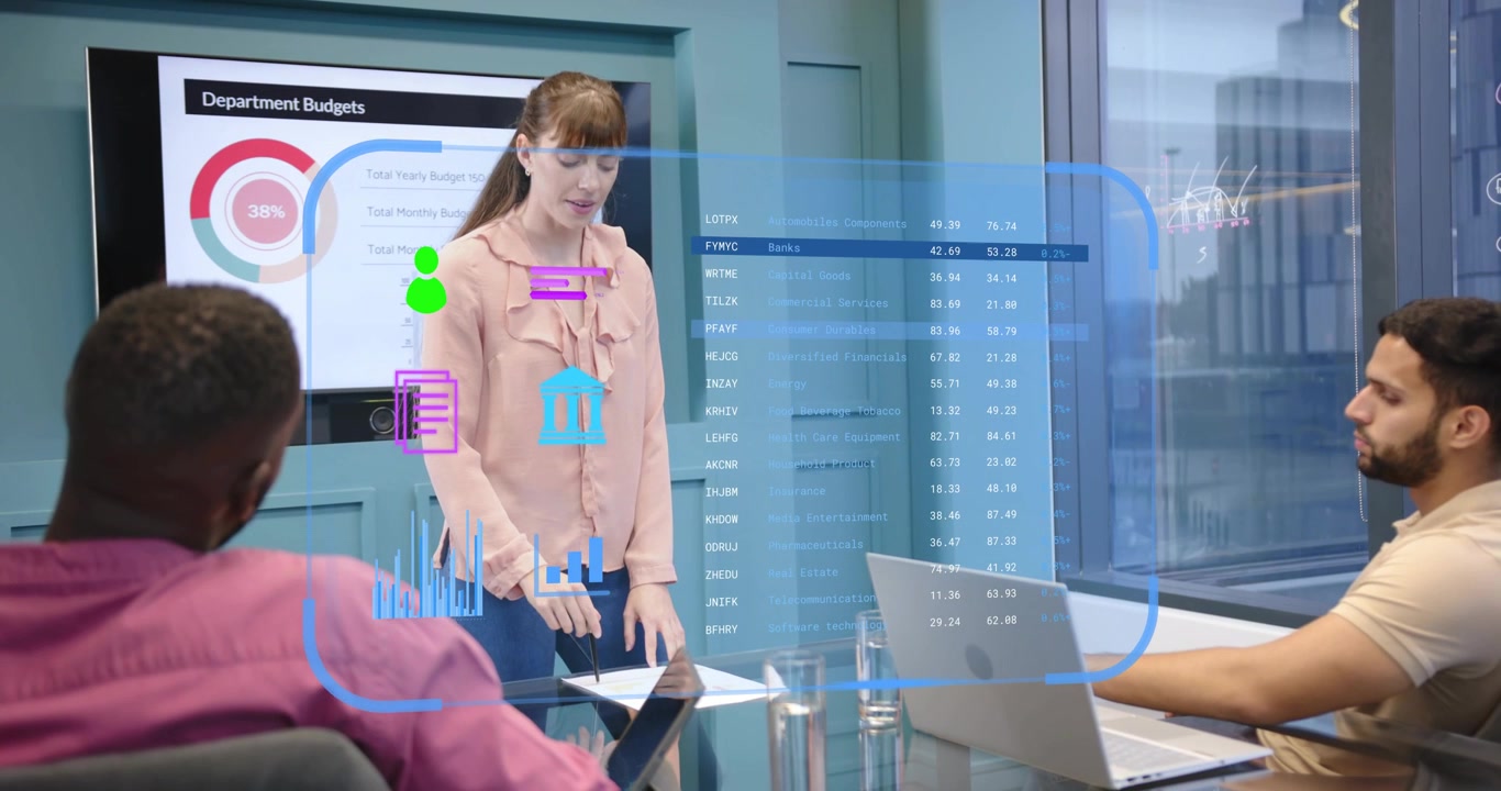Woman initiating 3D budget overlay in conference room tapping document and guiding with chart icons