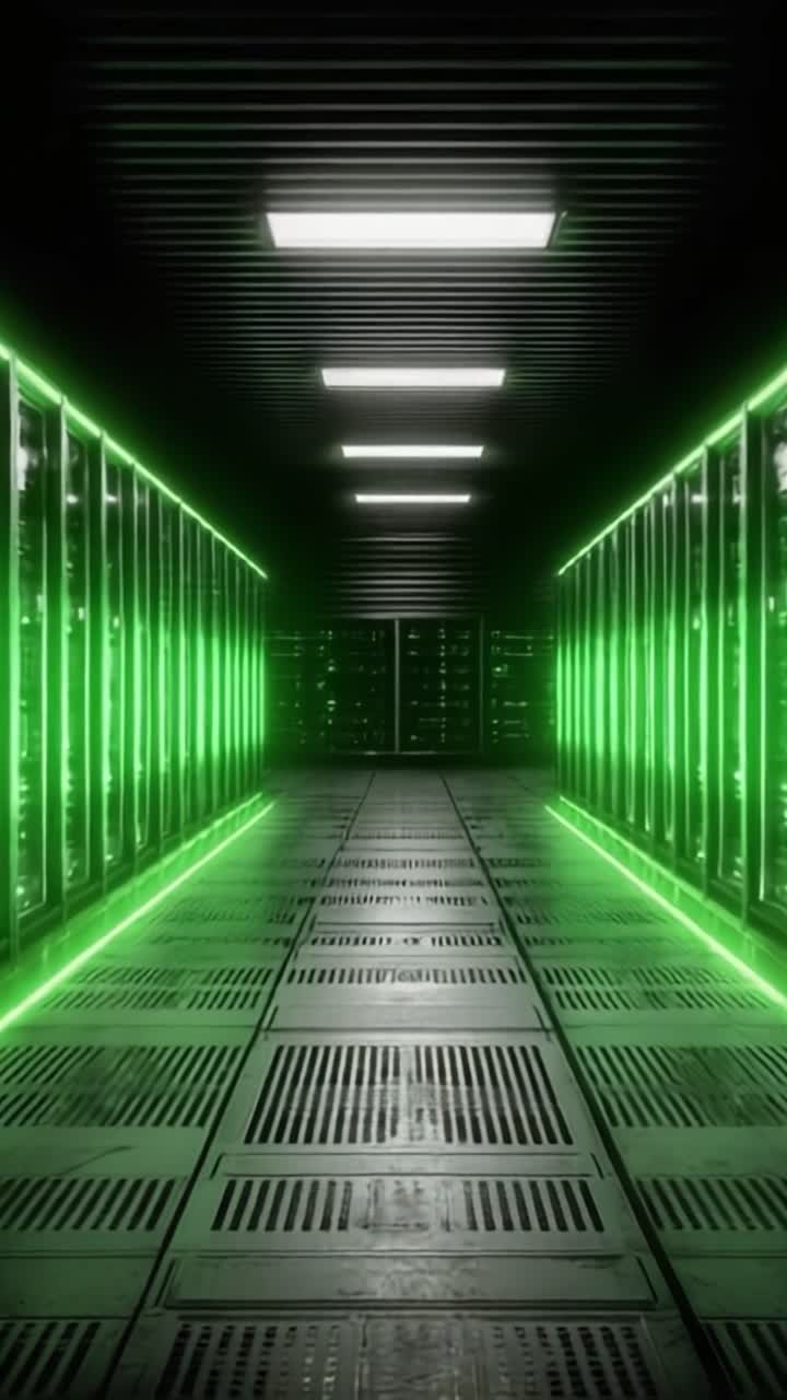 Corridoio futuristico di un data center illuminato con luce verde neon, che mostra rack di server ad alta tecnologia e un ambiente di calcolo avanzato.