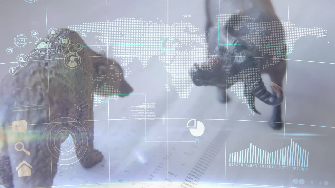 Bear and bull figurines with financial data and world map overlay animation