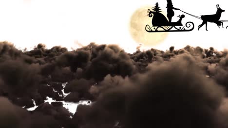 animation of santa claus in sleigh with reindeer over clouds and moon