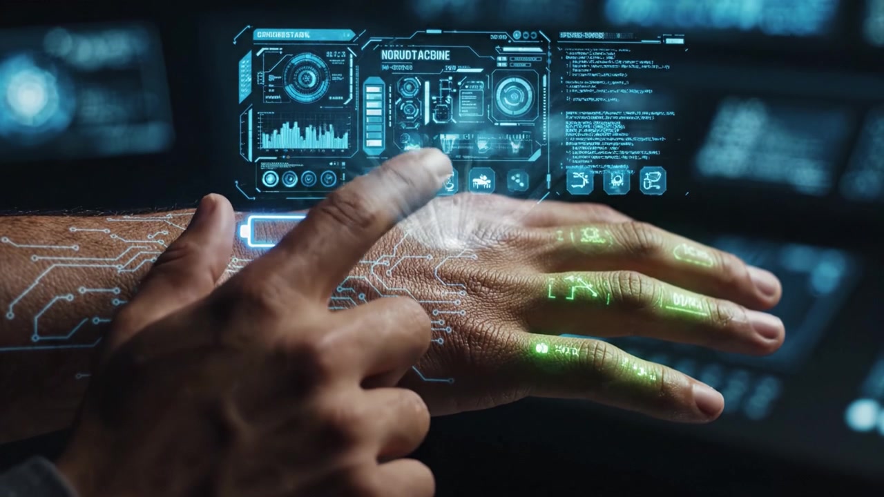 Futuristic Smart Technology Integrated into Human Interface Revealing Vital Data through a Hi-Tech Projection System on a Human Hand