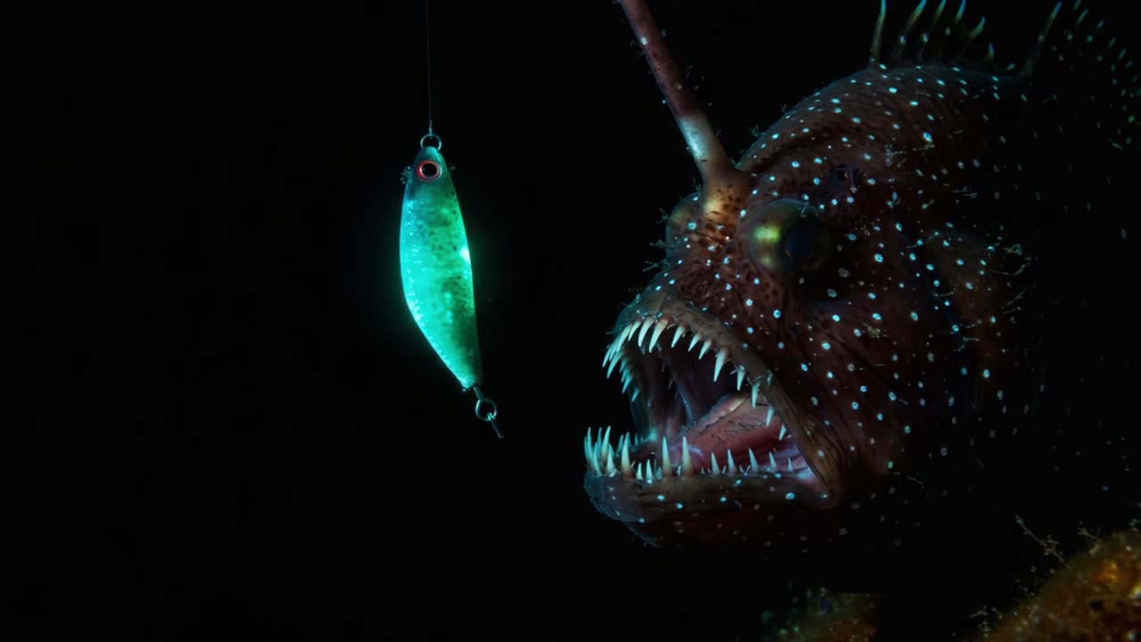 An Intense Underwater Encounter: A Fearsome Fish Approaches a Luring Bait in the Deep Ocean, Showcasing Nature's Predatory Dynamics and Unique Marine Life