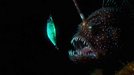 an intense underwater encounter: a fearsome fish approaches a luring bait in the deep ocean, showcasing nature's predatory dynamics and unique marine life