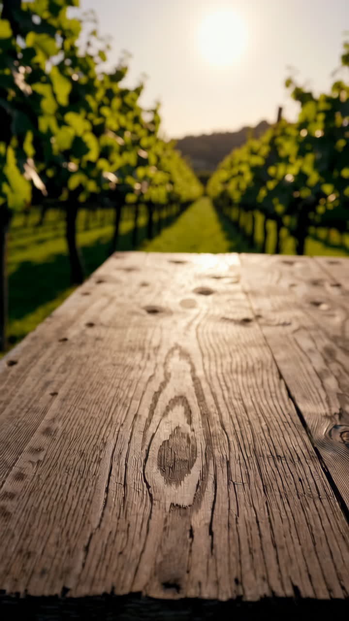 Wooden picnic table in a vineyard at sunset