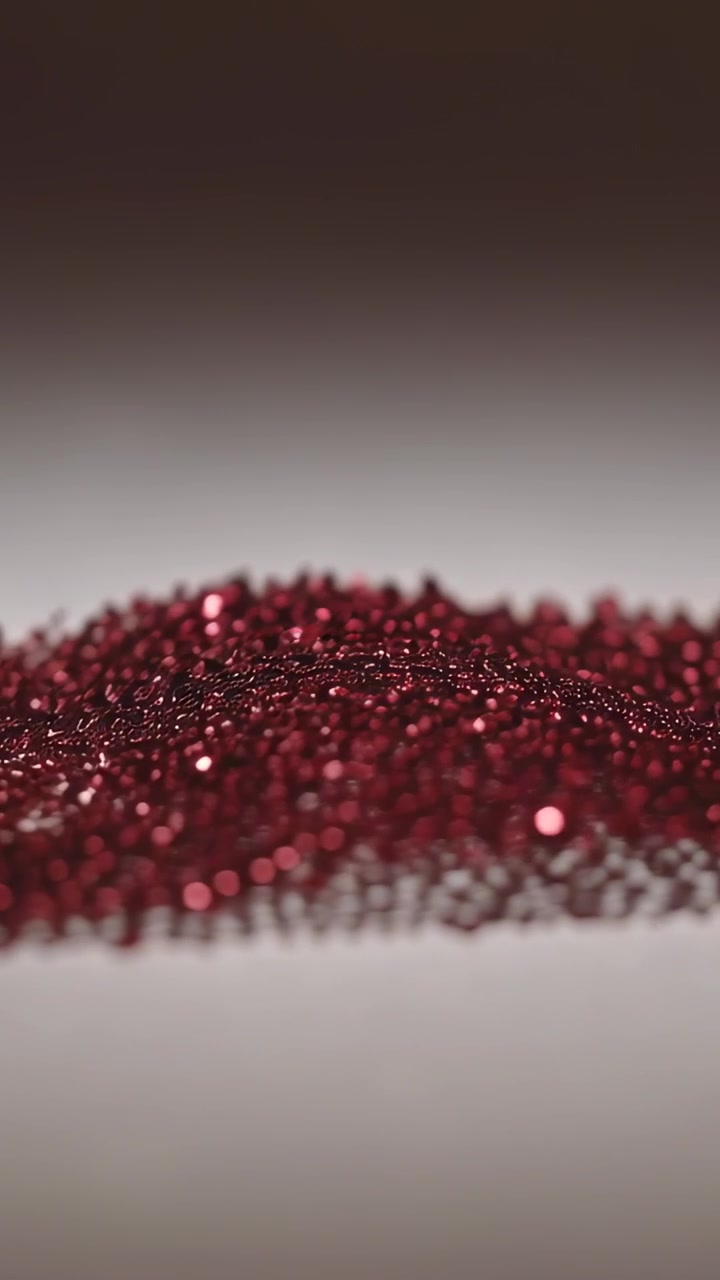 Vertical video: Racking camera focus showing red glitter on table, revealing grain with pink bokeh