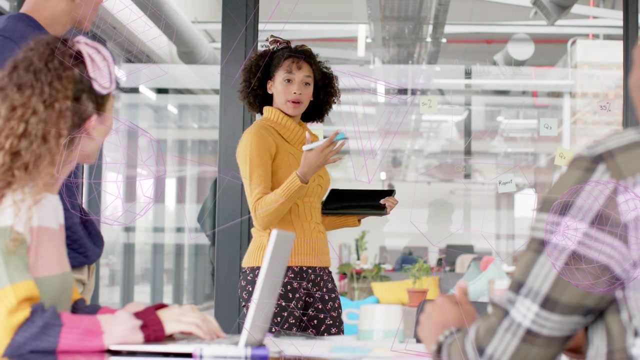 Presenter tapping tablet and pointing at glass, animated sticky notes highlighting business ideas