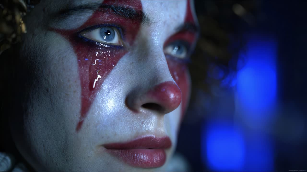 Emotionally Compelling Clown Portrait with Dramatic Makeup and Intensely Expressive Tearful Eyes Capturing a Moment of Vulnerability and Intrigue