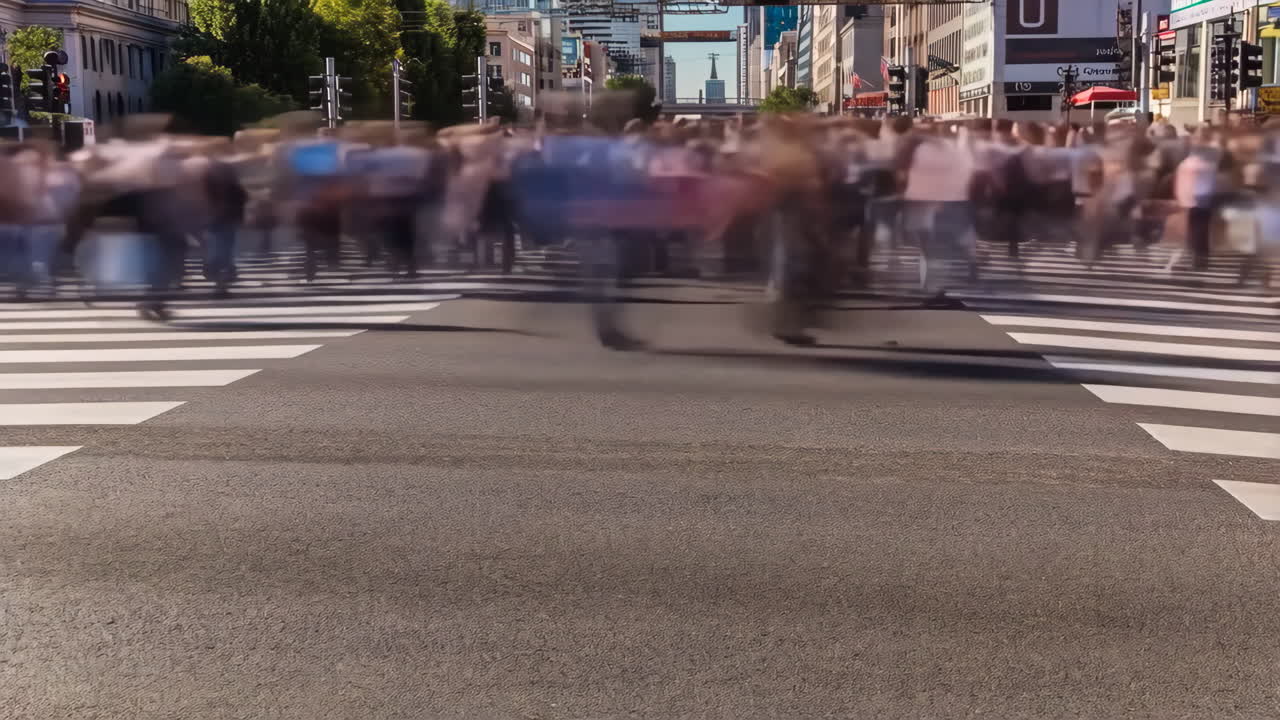 Multidão Desfocada de Pedestres Atravessando uma Rua da Cidade