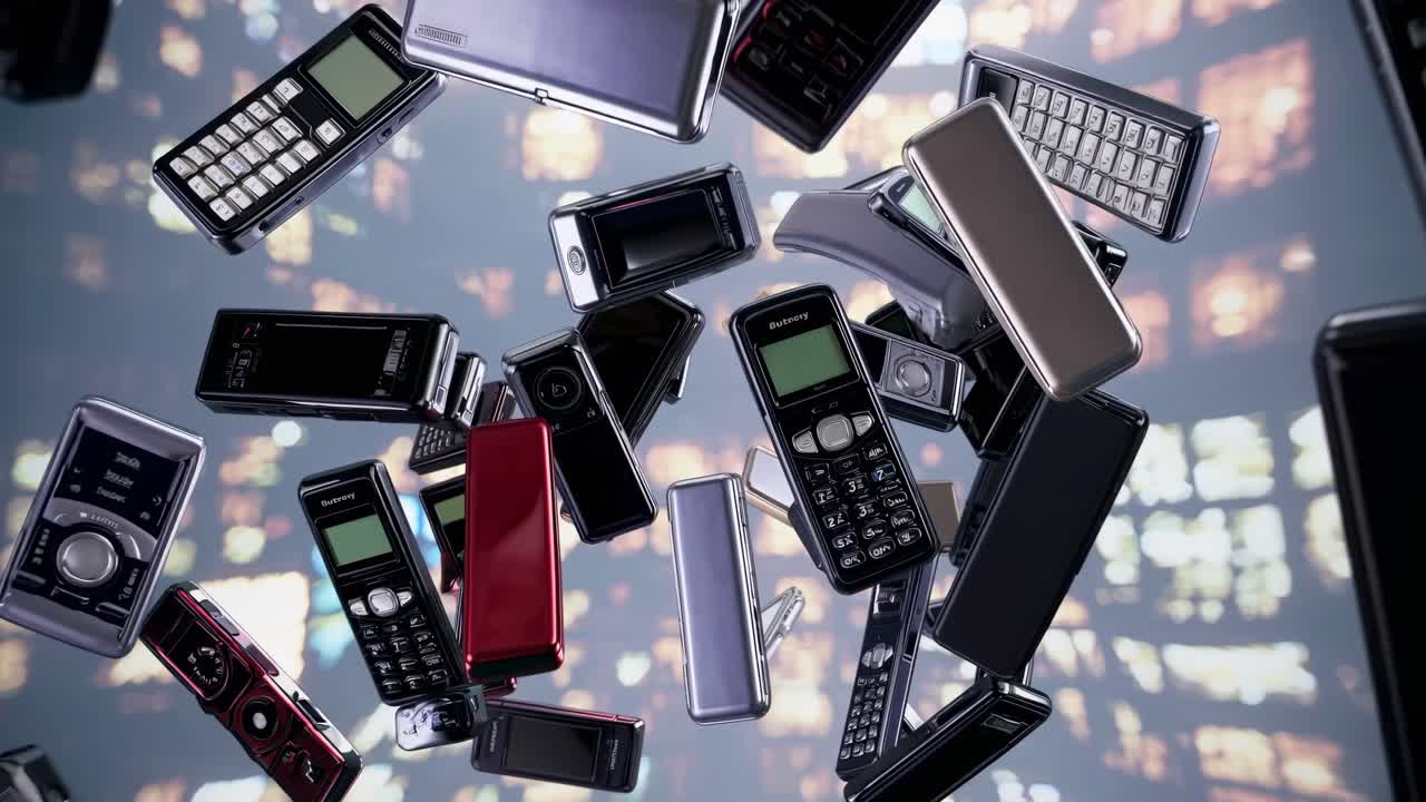 Old fashioned mobile phones tumbling against a backdrop of blurred city lights, evoking a nostalgic and retro atmosphere reminiscent of the early 2000s and past communication technologies
