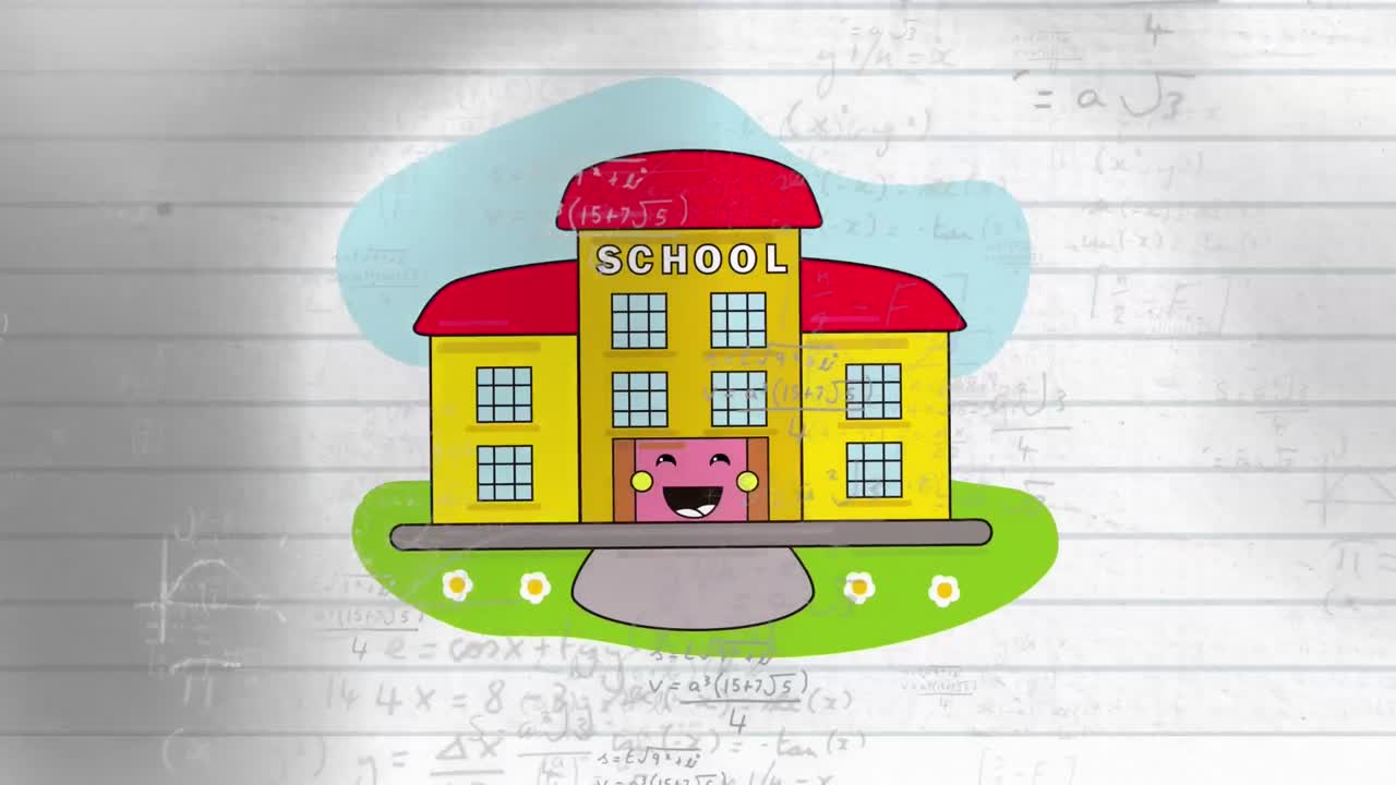 ⁇ 색 배경에 수학 방정식과 학교 아이콘의 애니메이션