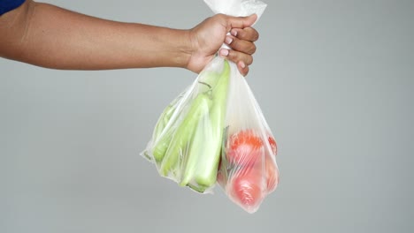 person holding a plastic bag of vegetables and fruits