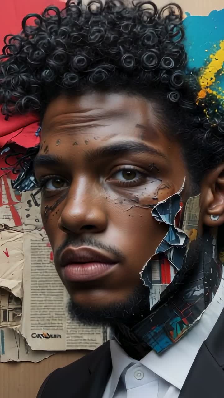 Vertical video: Camera zooming out to reveal suited man tilting head at studio with collage pieces