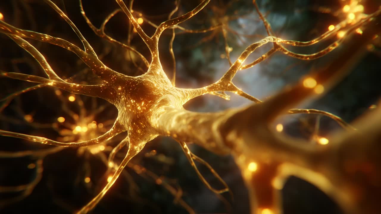 Mesmerizing Close-Up View of a Neural Network Featuring Intricate Gold-Flecked Neurons and Their Luminescent Structures, Highlighting the Beauty of Biological Communication at the Microscopic Level