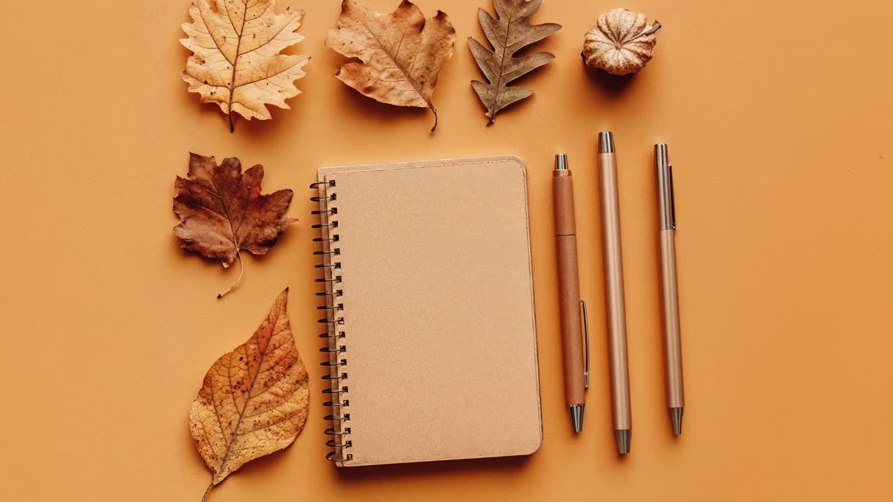 hojas de otoño con cuaderno y bolígrafos en fondo naranja