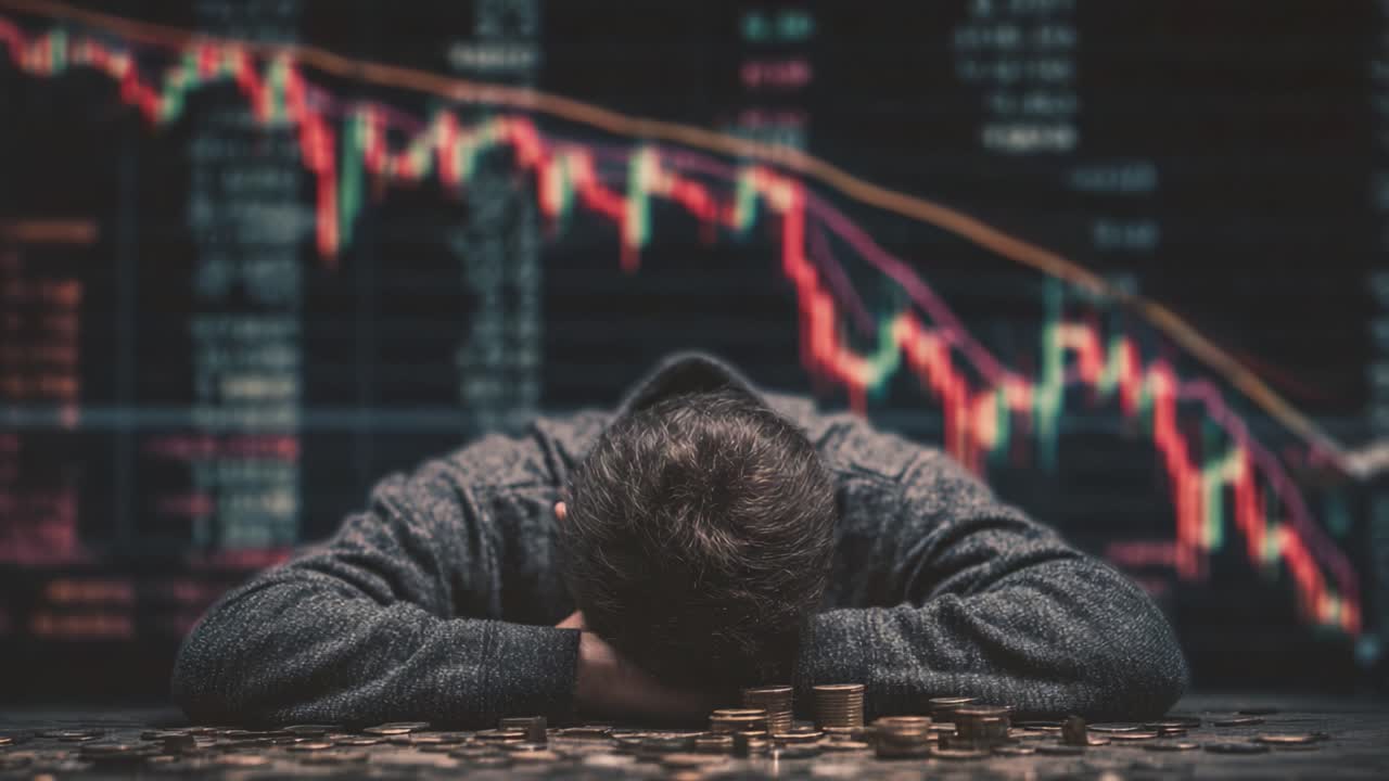A somber reflection on financial despair: a person burdens their head on a desk surrounded by coins, illustrating the emotional toll of market volatility and economic stress