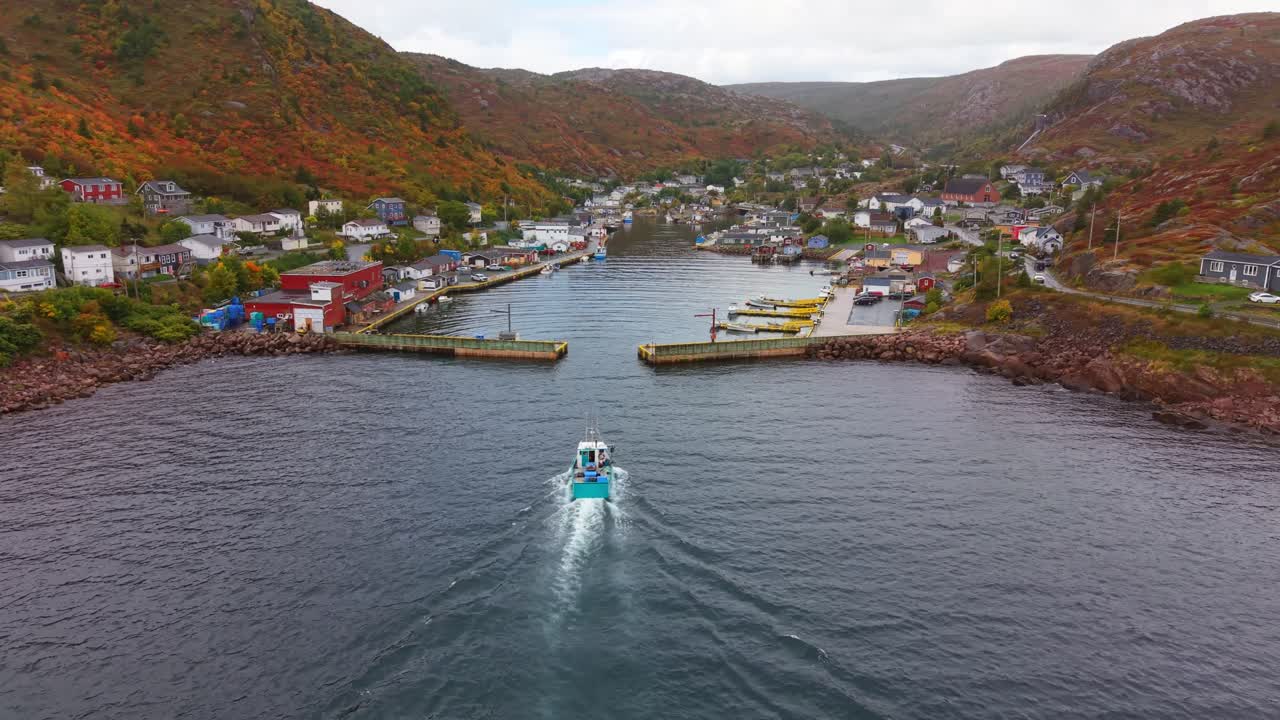 High drone shot over Petty Harbour, Newfoundland, in autumn captures a boat leaving the harbor, its wake trailing across calm waters, framed by rugged hills and colorful fall foliage