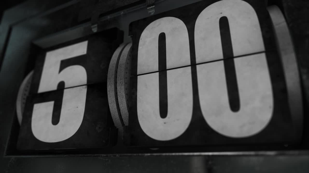 High quality CGI render of an old style industrial looking flip clock ticking over from 4