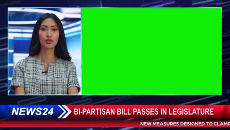 split screen tv news live report: anchor talks, reporting. reportage montage with picture in picture green screen. side by side chroma key display. television program channel playback. luma matte